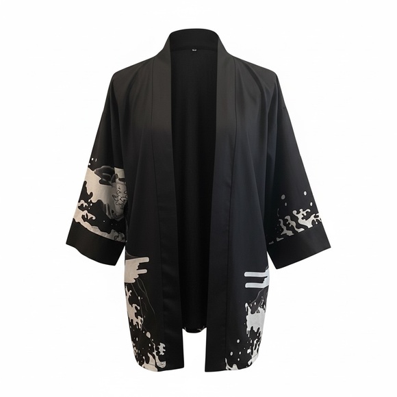Chaolongjushang Jackets & Blazers - Black Dragon Kimono Cardigan Open Front Graphic Boho Layer Y2K oversized artsy